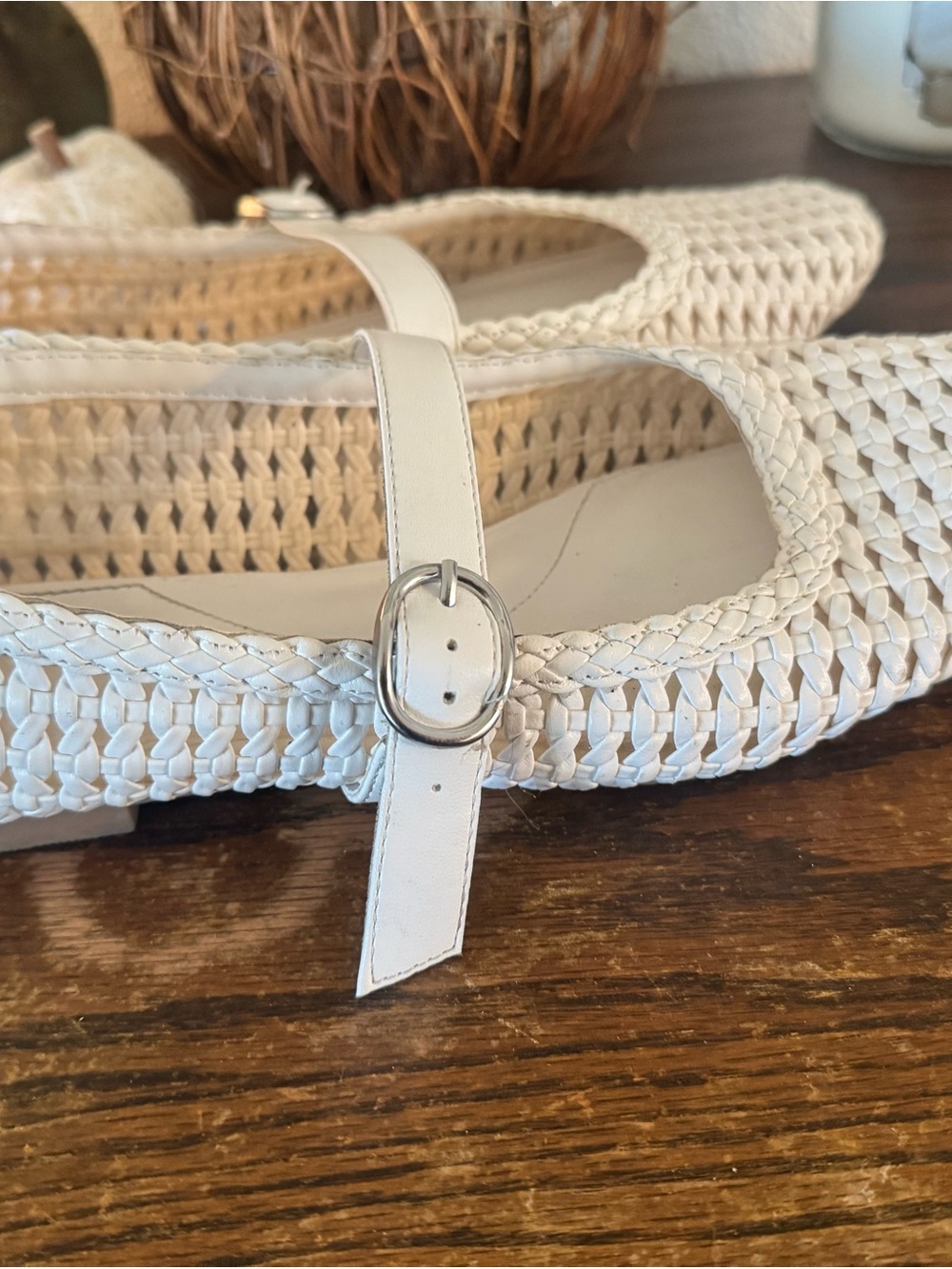 Time and Tru White Woven Mary Jane Flats with Buckle